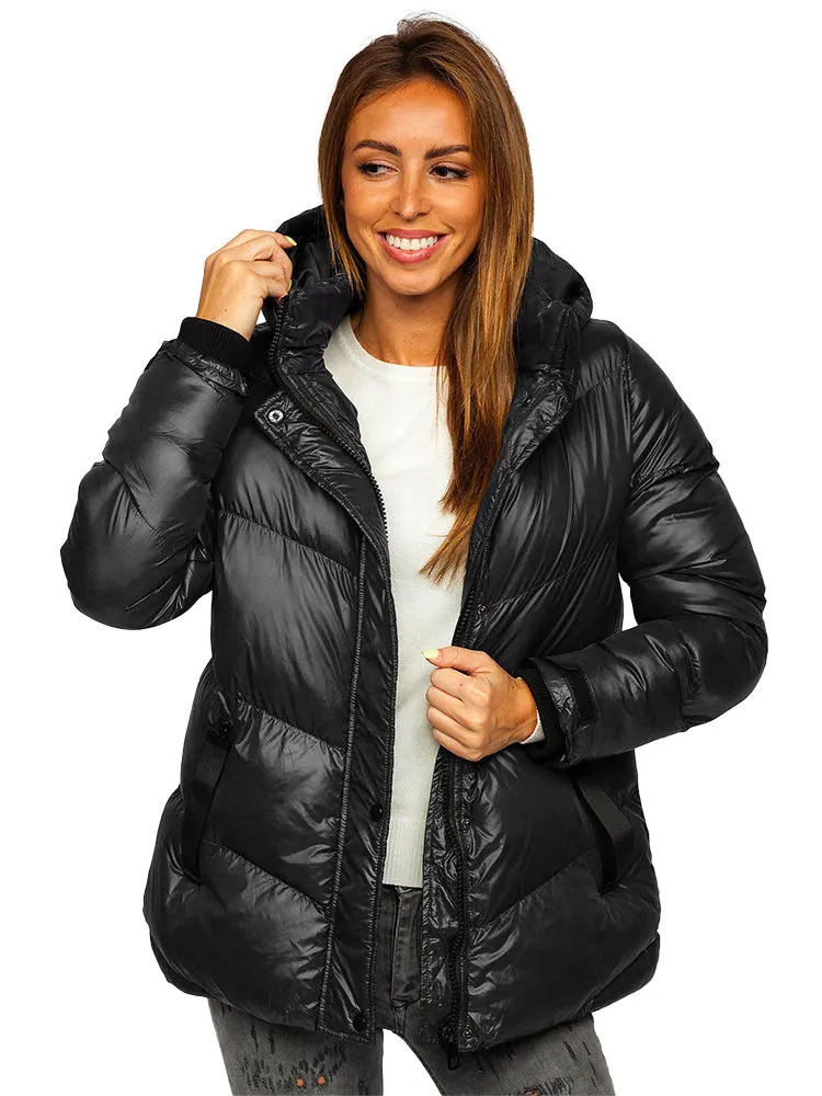 women's black quilted winter jacket with hood