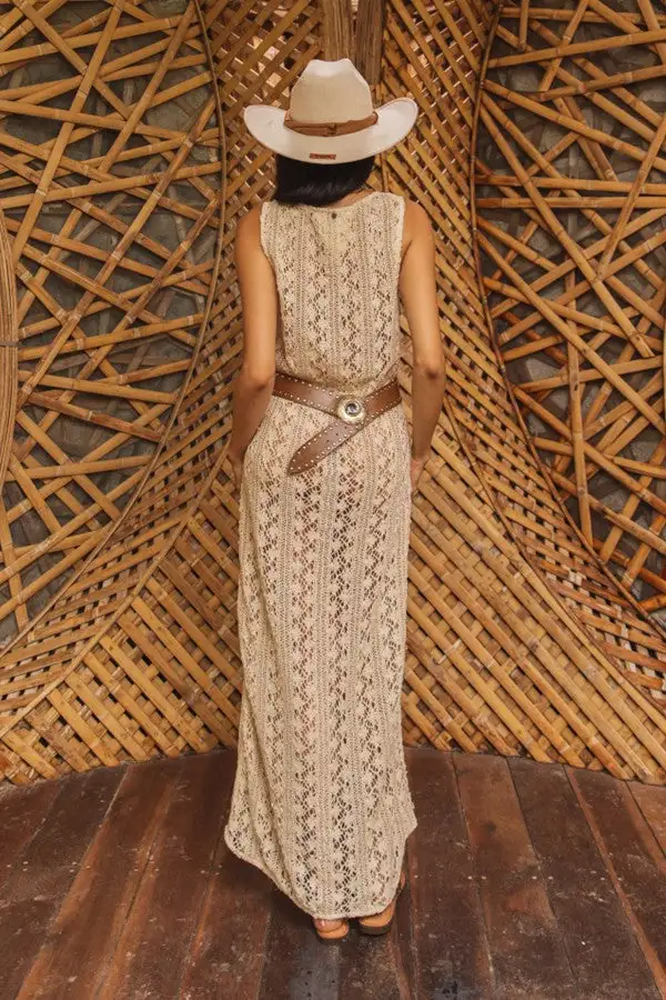 Beige Crochet Lace Belted Maxi Dress