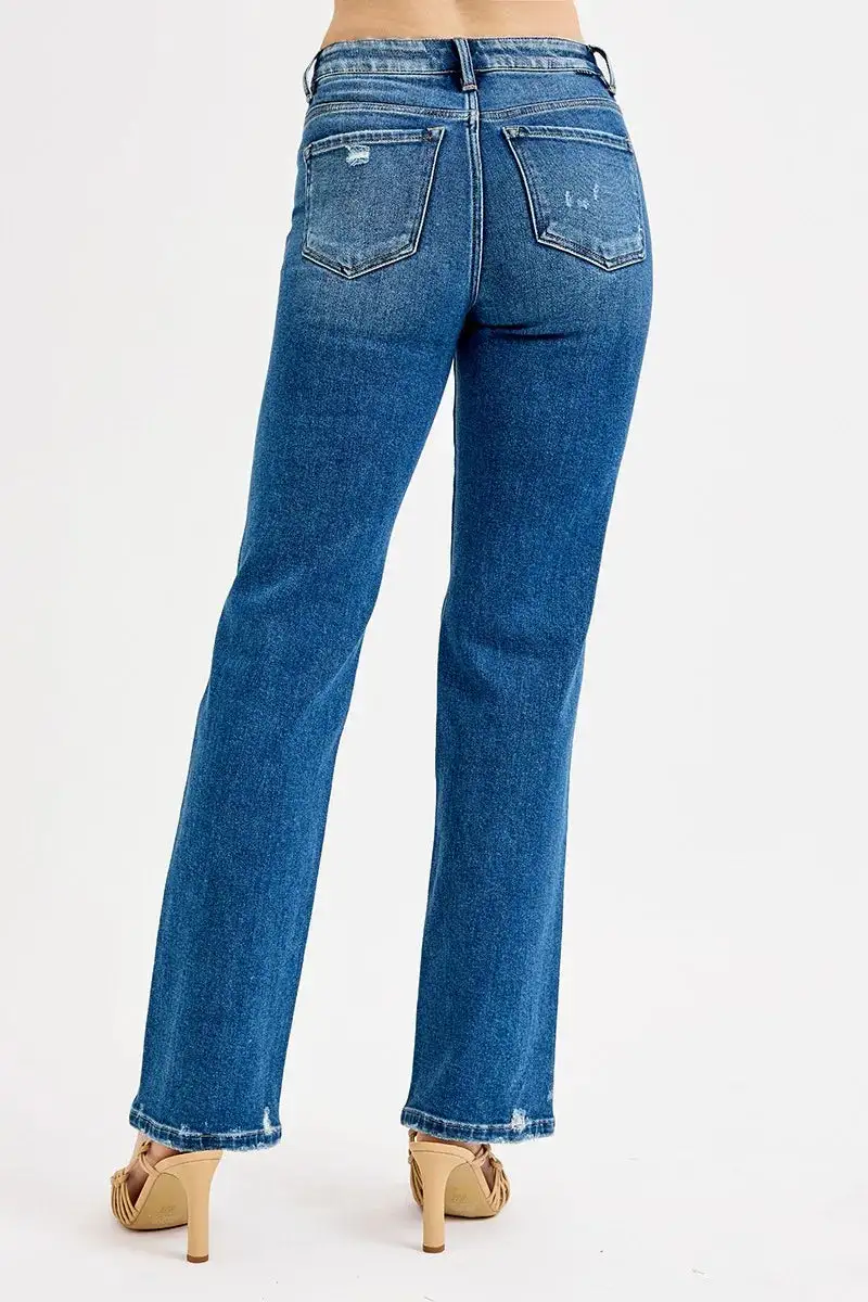 Refined High-Rise Distressed Washed Pocketed Straight Leg Jeans