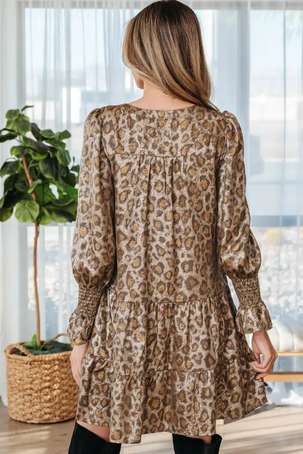 Print V Neck Ruffled Sleeve Tiered Loose Mini Dress
