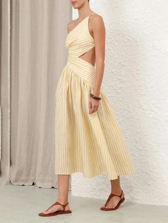 Casual Hollow Pleated Striped Print Midi Dress