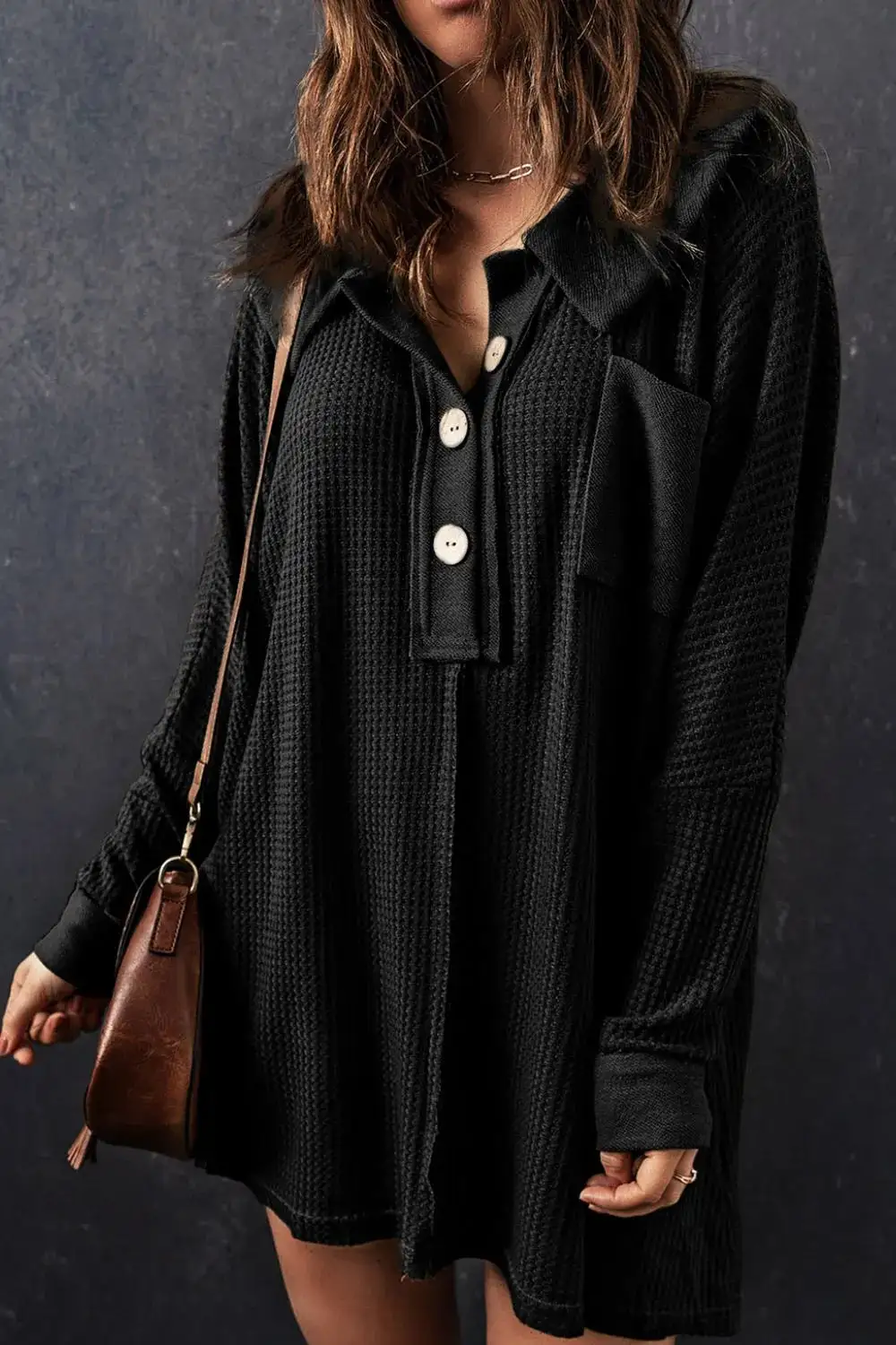 Knit Waffle Button Front Sweater Dress