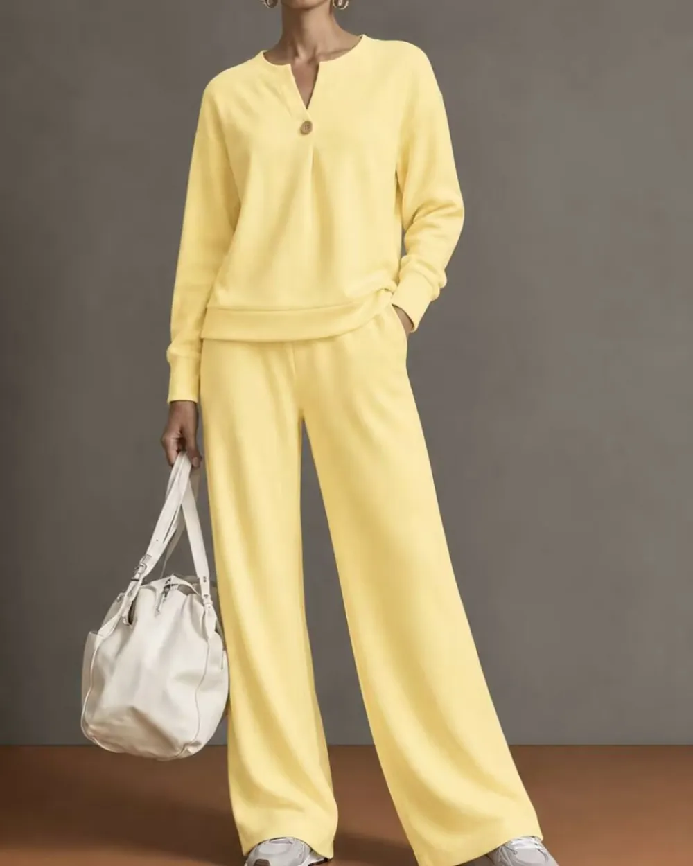 V-Neck One-Button Sweatshirt Set