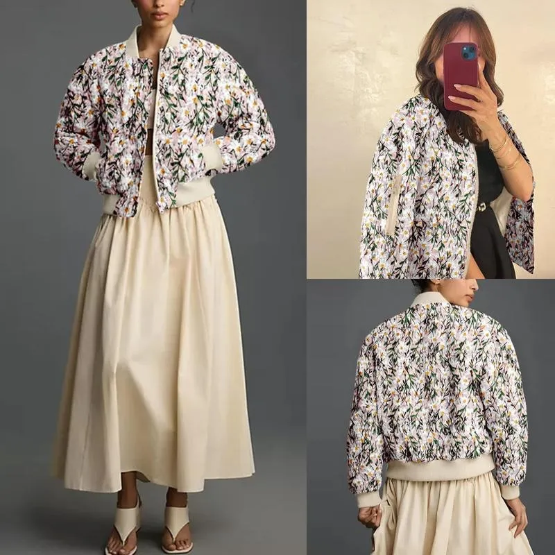 Women's Ramie Linen Embroidered Daisy Cropped Bomber Jacket with Quilted Puffer Sleeves & Two Side Pockets Outerwear