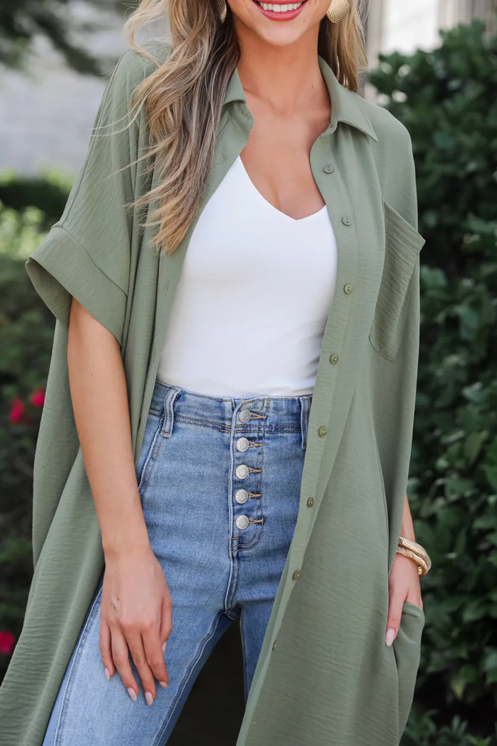 Green Button Front Midi Dress