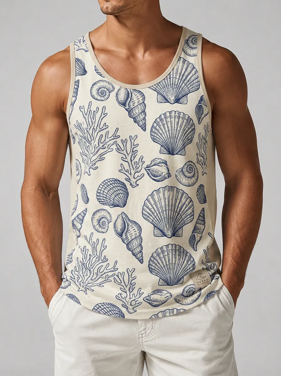 Men's Beach Summer Seashell Coral Printed Tank Top