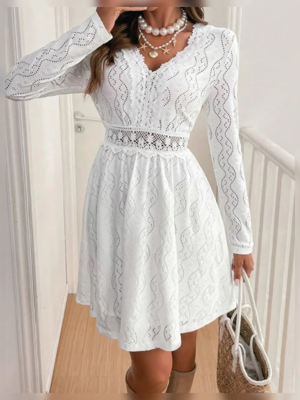Lace V Neck Long Sleeve Dress Casual