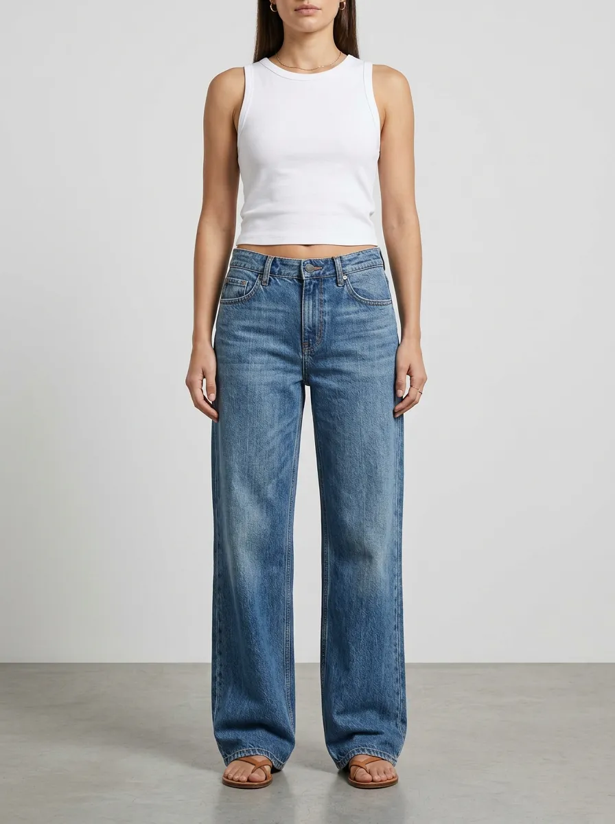 Women's Relaxed Whiskered Wide-Leg Denim Jeans