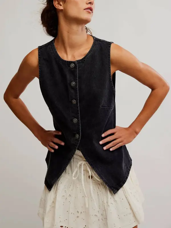 Button Front Denim Vest