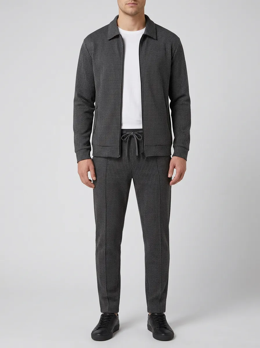 Men's Weekend Houndstooth Polo Collar Jacket and Jogger Pants Set