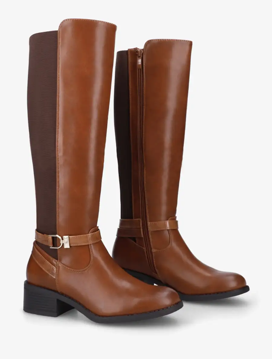 Everyday Riding Strap Detail Block Heel Faux Leather Knee High Boots