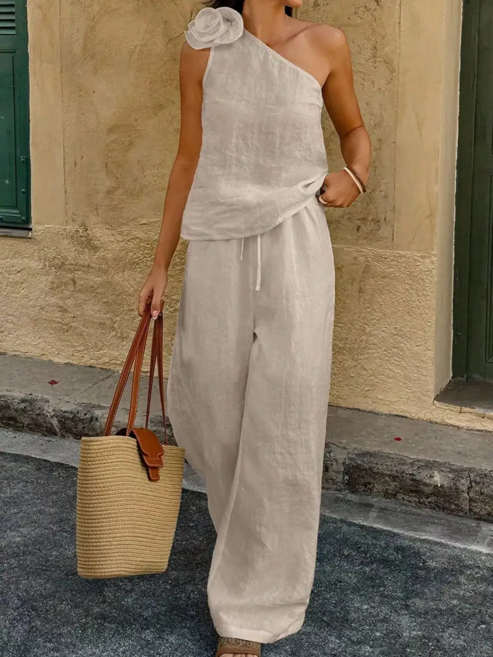 One-shoulder Embellished Top and Pants Set