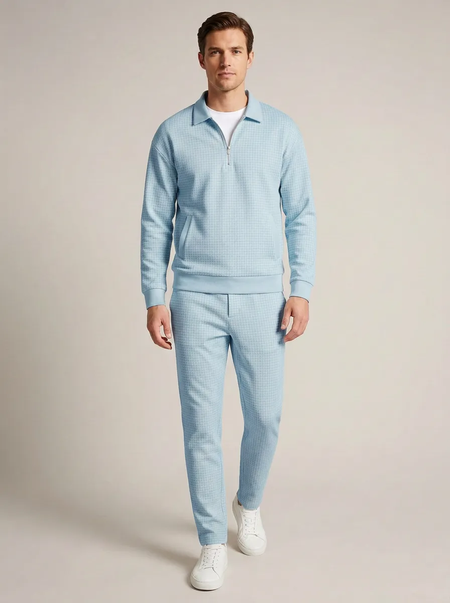 Men's Houndstooth Minimal Polo Collar Jacket and Jogger Pants Set