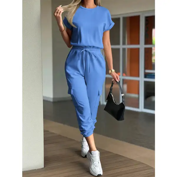 Round Neck Short Sleeve Top and Pants Set
