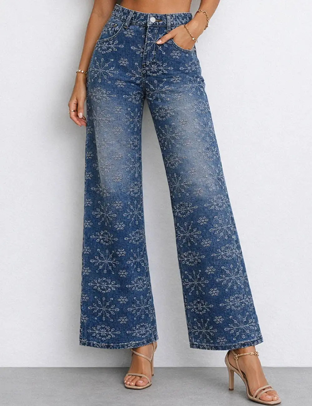 Geometric Jacquard Button Front Wide Leg Denim Pants
