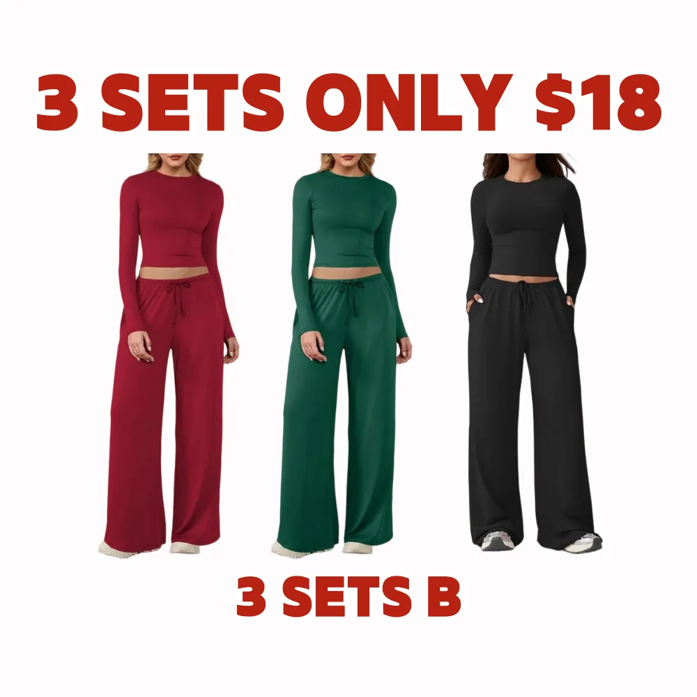 Women's 2-Piece Activewear Set Long-Sleeve Crop Top & Wide-Leg Pants Stretchy Fabric for Yoga