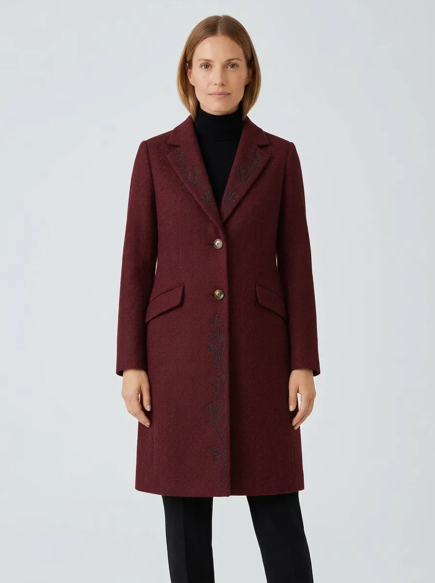 Women's Floral Embroidery Herringbone Printed Coat