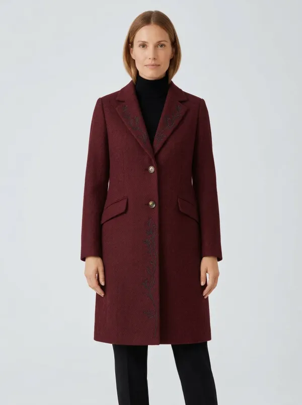 Women's Floral Embroidery Herringbone Printed Coat