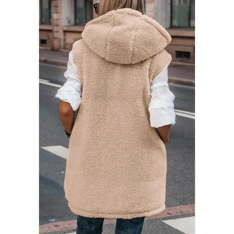 Women's military green double-faced fleece vest with pockets and a hood, long zip-up coat