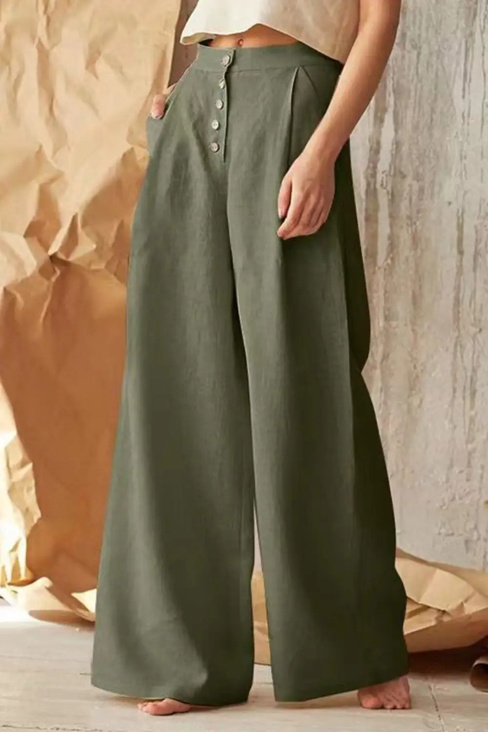 Front Button Wide Leg Cotton Linen Pants