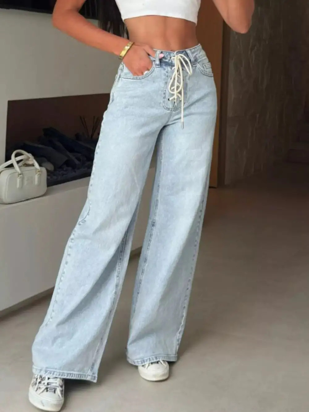 High Waist Wide Leg Lace Denim Jeans