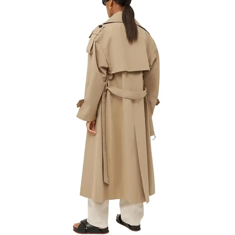 Womens Oversized Long Trench Coat Double Breasted Lapel Windproof Overcoat with Belt