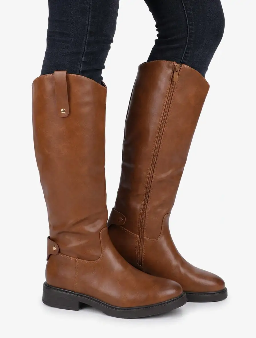 Modern Riding Block Heel Faux Leather Knee High Boots