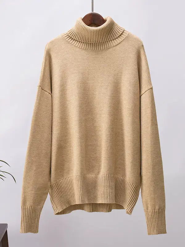High Low Paneled High Neck Long Sleeve Sweater