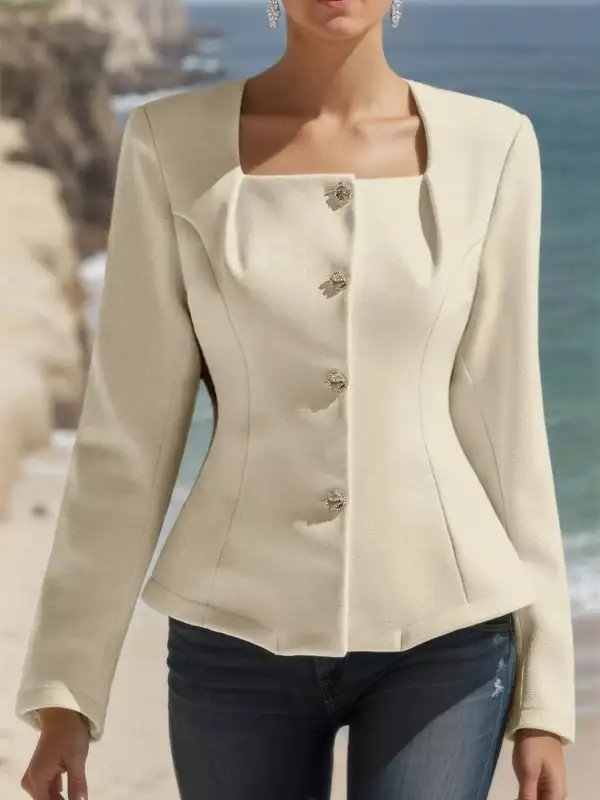 Square Neck Button Down Fitted Blazer Jacket