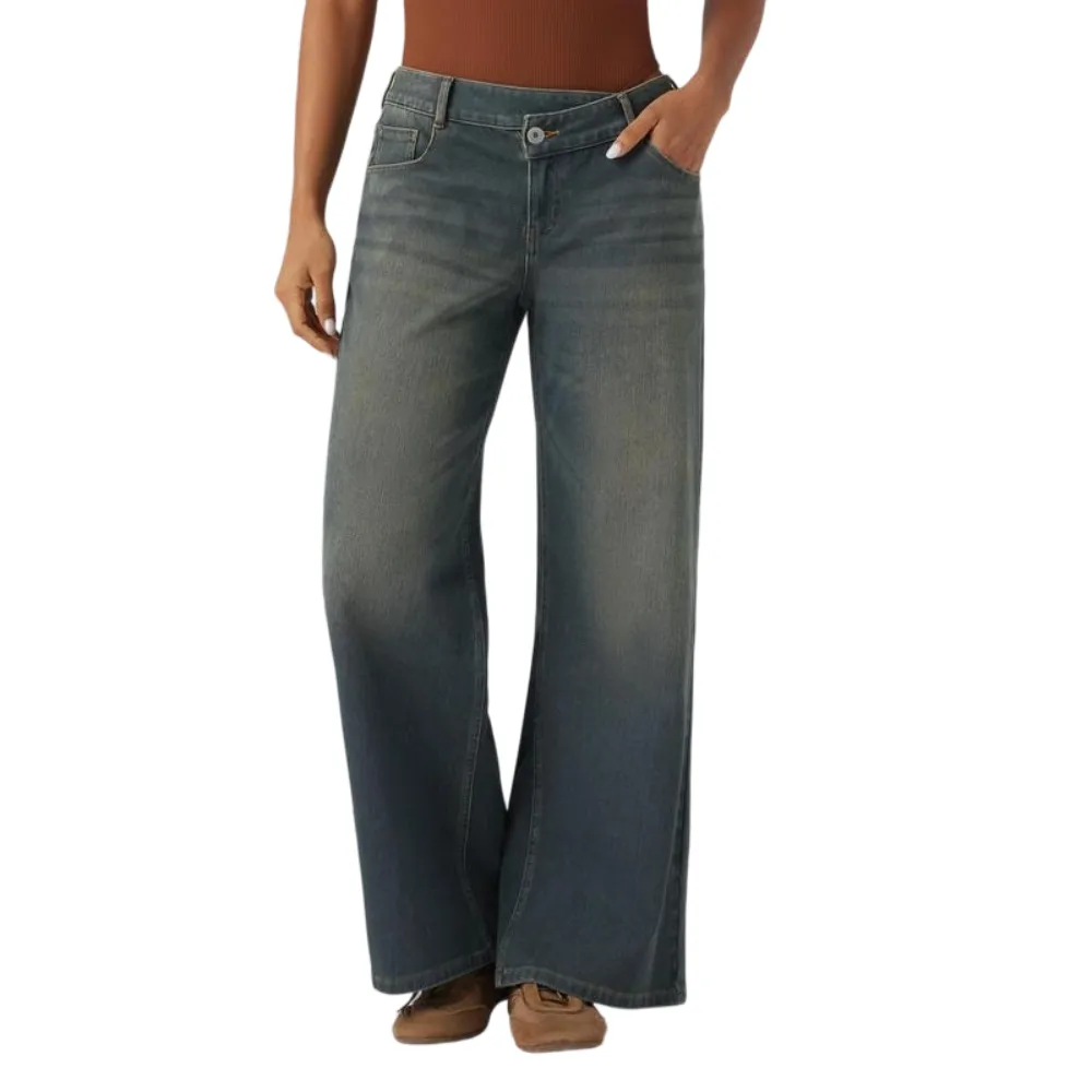 Asymmetric Low Rise Zipper Pockets Baggy Wide Leg Washed Casual Jeans