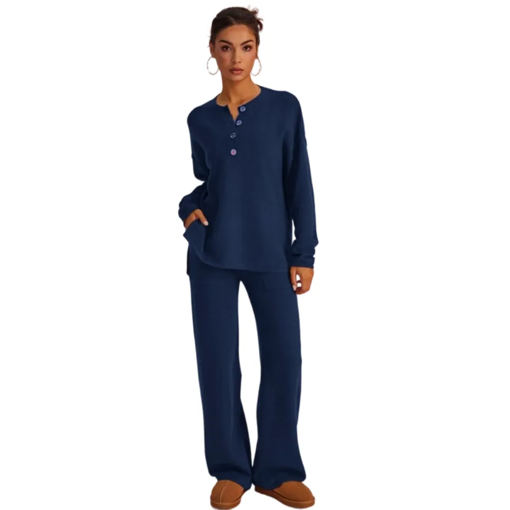 Women's Waffle Knit Loungewear Set Cozy Button Front Top & Wide Leg Pants
