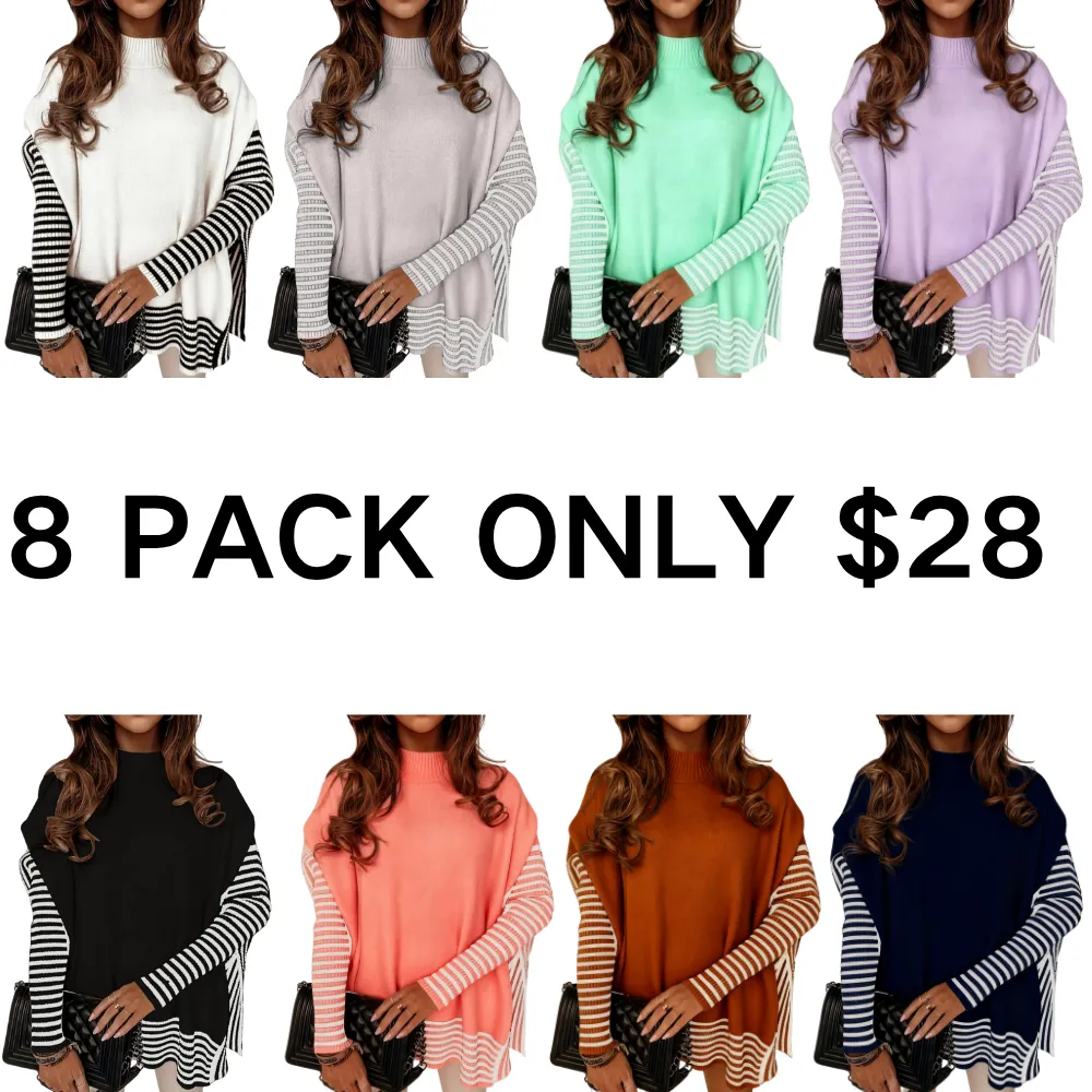 Women's Striped Patchwork Print Batwing Sleeve Split Hem Sweater for Fall & Winter