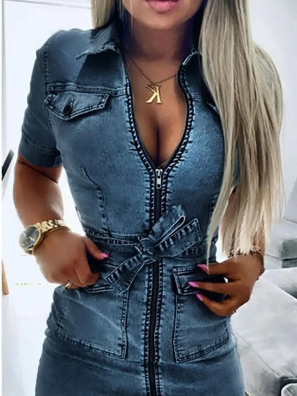Comfort Fit Denim Zip Front Short Sleeve Dress