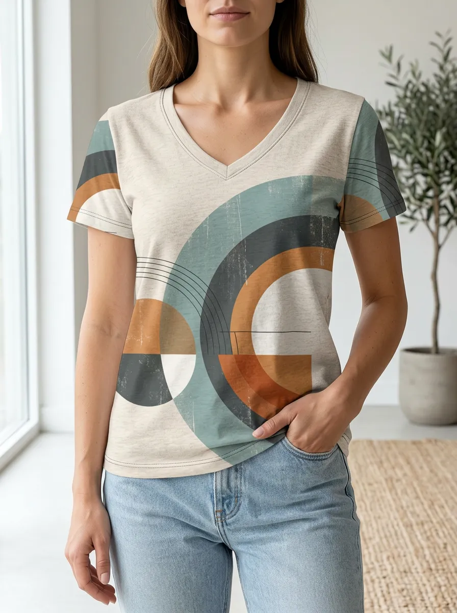 Women's Mid-Century Modern Abstract Geometric Printed V-Neck T-Shirt