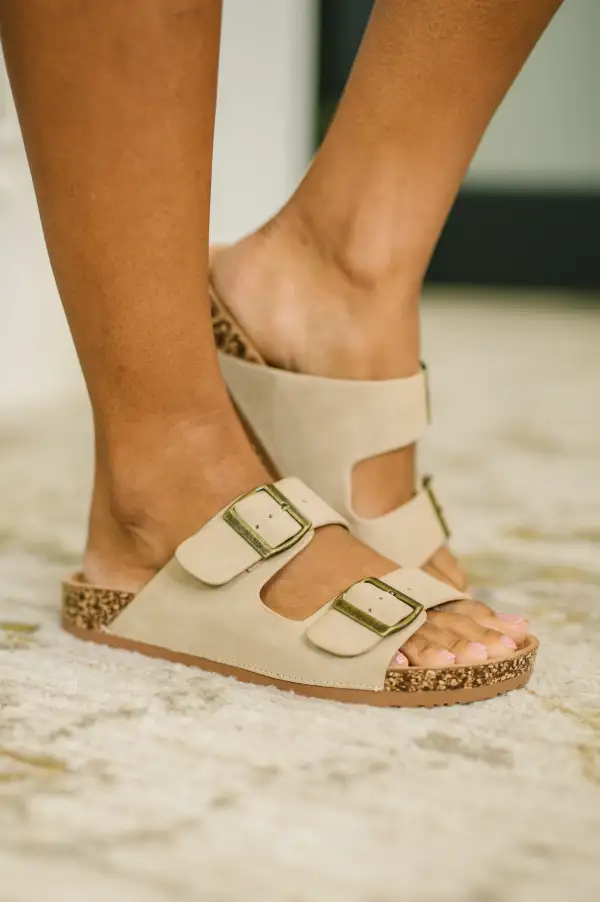 Nubuck Double Buckle Slides in Light Taupe