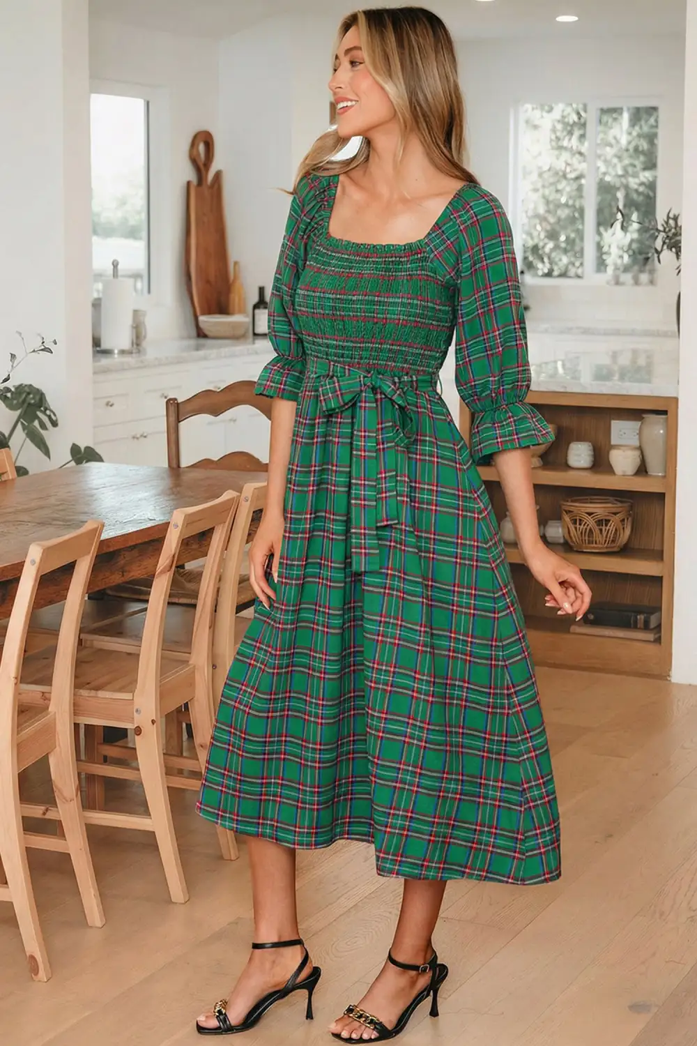 Finish Plaid Square Neck Puff Sleeve Midi Dress