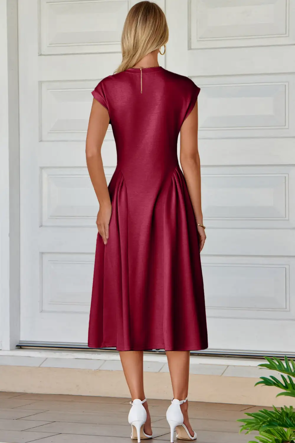 V Neck Pleated Flared Midi Dress