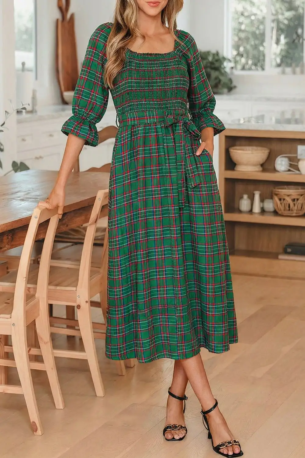 Finish Plaid Square Neck Puff Sleeve Midi Dress