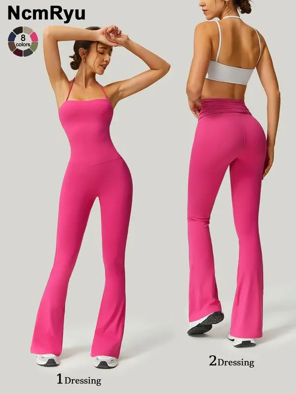 Women's Strapless Flared Yoga Jumpsuit – Fitness, Quick-Dry, Peach Hip Bodysuit