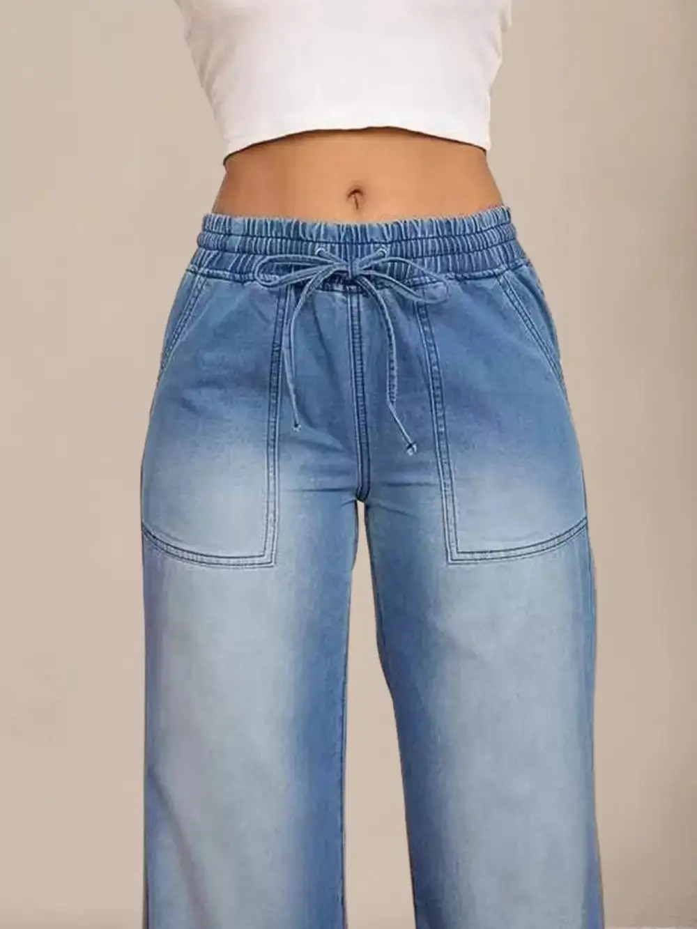 Wide Leg Drawstring Denim Jeans