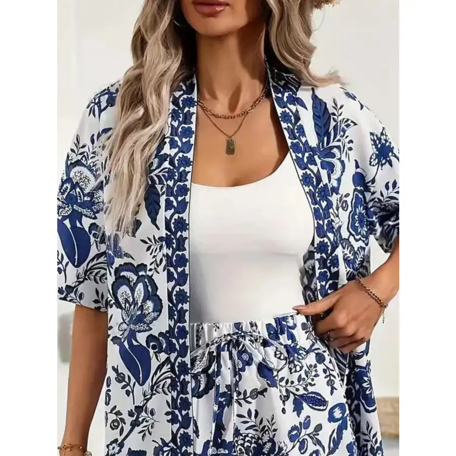 Printed Open Front Cardigan and Shorts Set