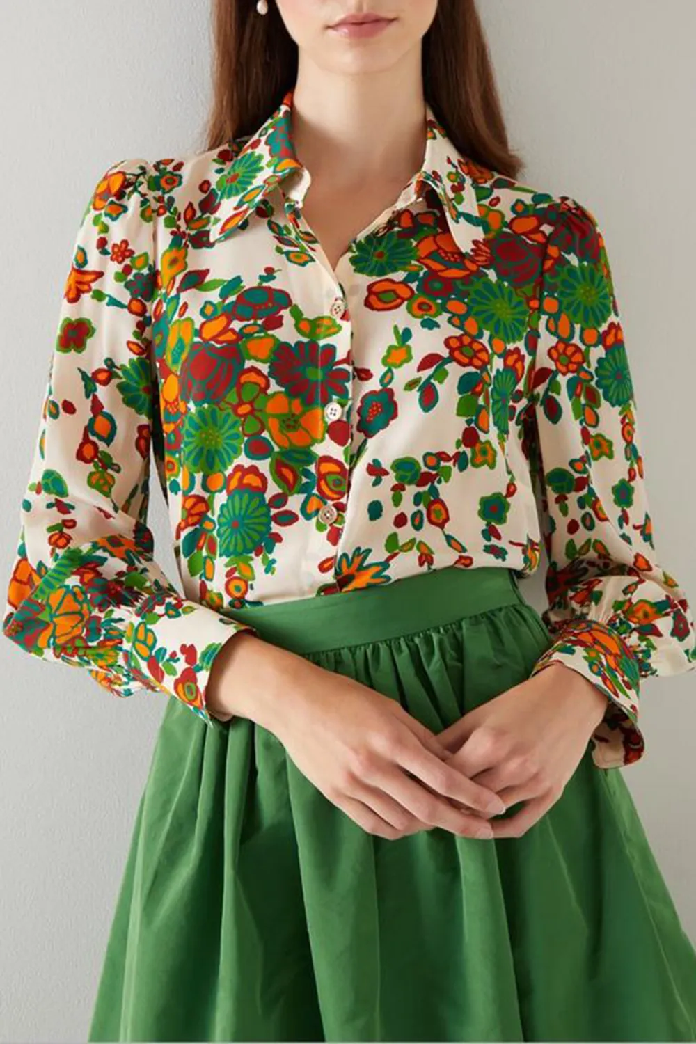 Colorful Floral Print Long Sleeve Button Down Shirt