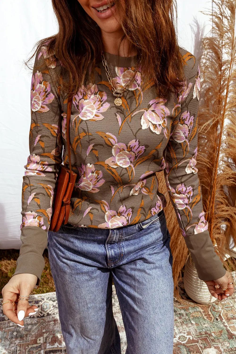 Floral Waffle Texture Long Sleeve Top