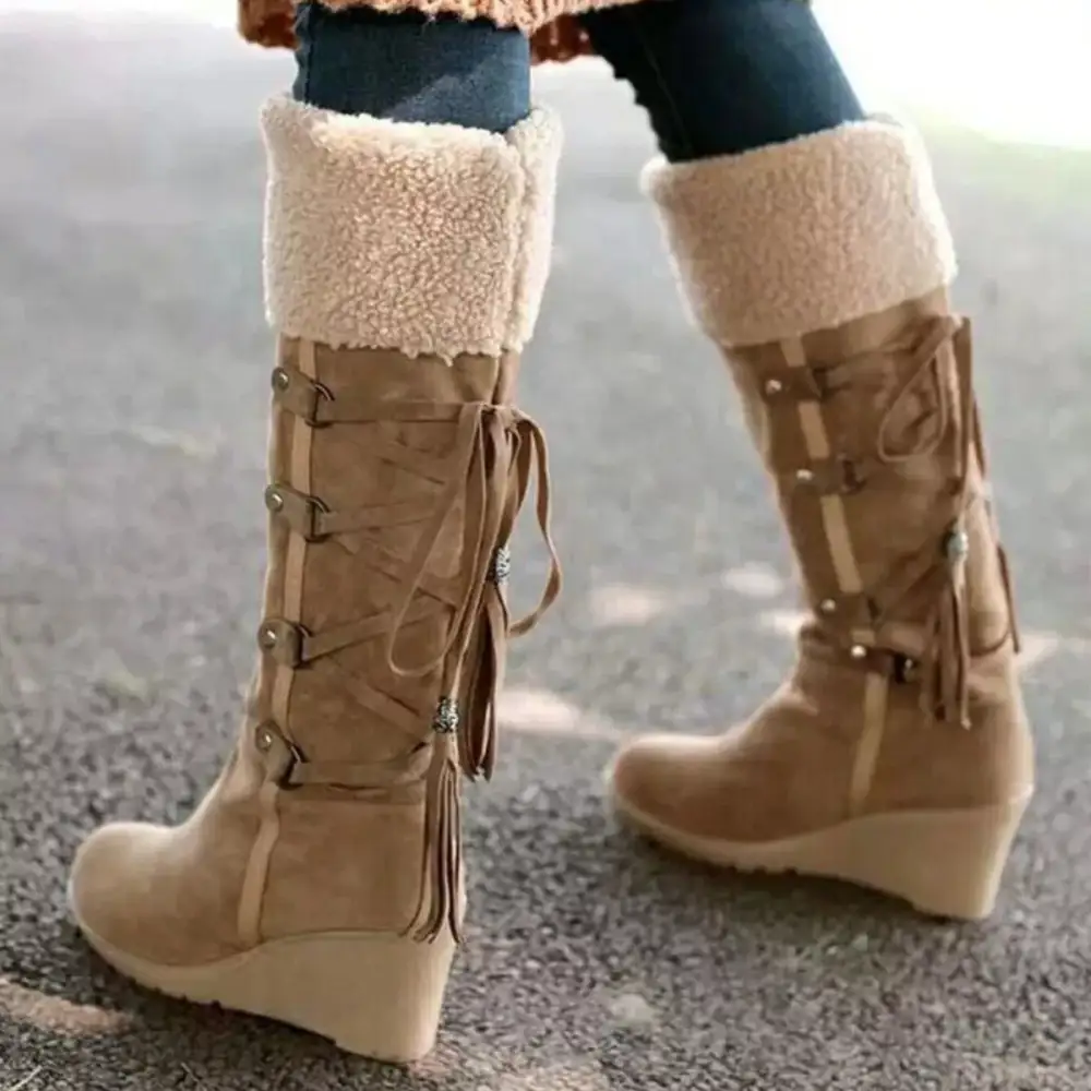Suede Wedge Boots with Fur Cuff