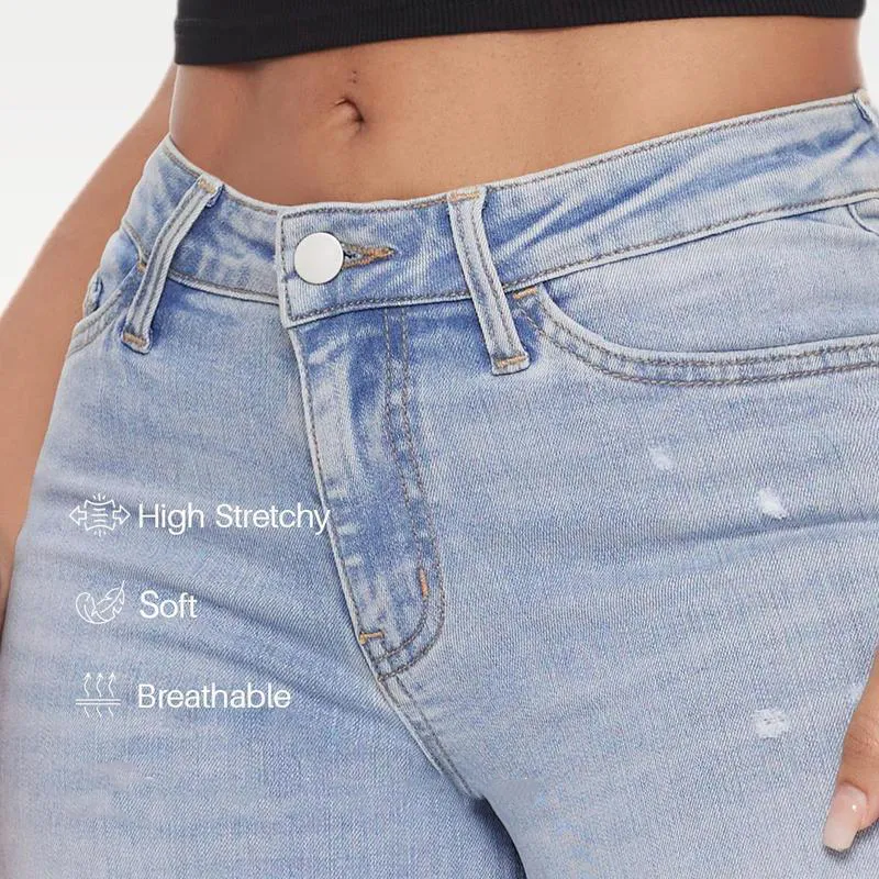 Mid-low Rise Baggy Jeans Stretchy Wide Leg for Women Distressed Pants