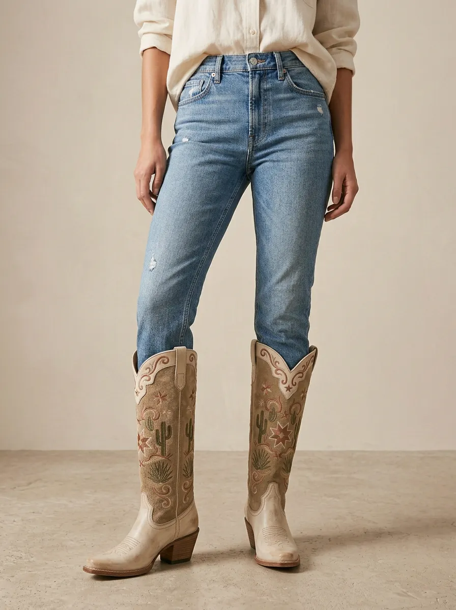 Women's Western Cactus Star Embroidered Pointed-Toe Block-Heel Stacked-Heel Denim Over-the-Knee Boots