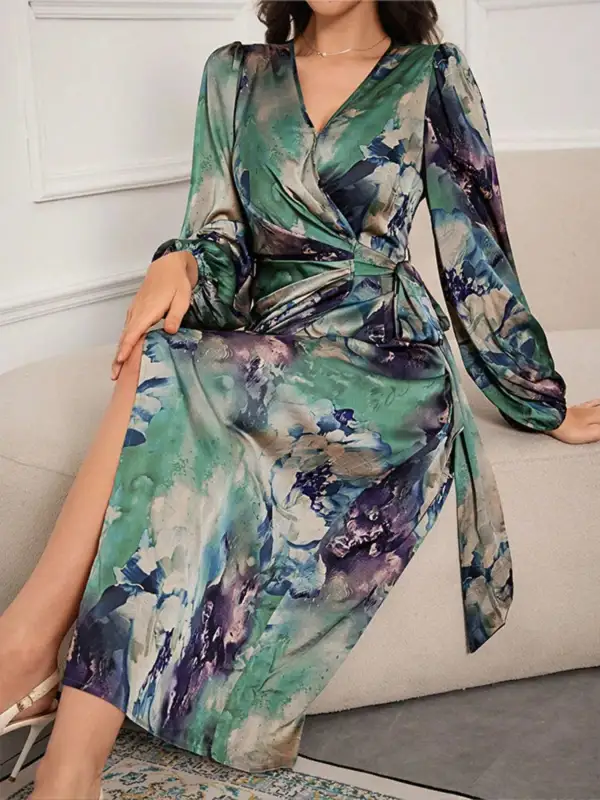Printed Tie Waist Dress Casual