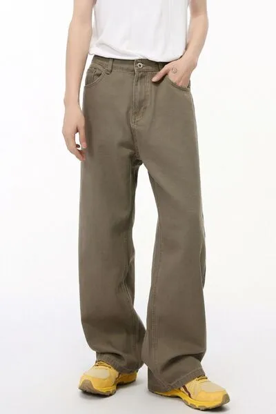 Refined Washed Elastic-Waist Stretch Straight Leg Jeans