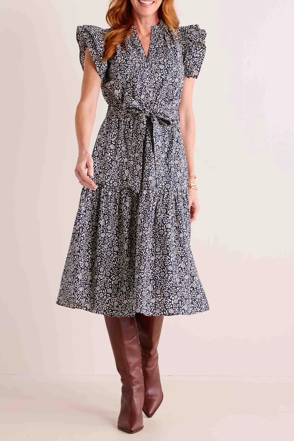 Navy Floral Print V-Neck Tie-Waist Dress