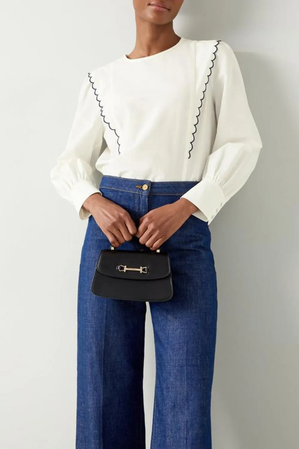 White Scallop Detail Long Sleeve Blouse